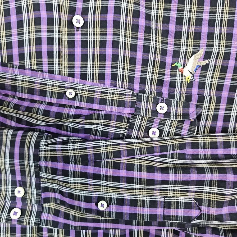 Peter Millar Men's Dress Shirt Size Medium Embroidered Duck Purple‎ & Gray Plaid